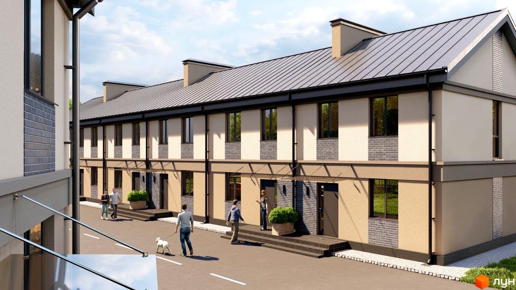 Таунхауси Vorzel Eco Park: двоповерхові будинки з сірим дахом та світлими фасадами, розташовані вздовж асфальтованої дороги з пішохідними доріжками.