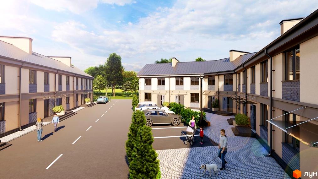 Таунхауси Vorzel Eco Park: двоповерхові будинки з сірими дахами та світлими фасадами. Поруч розташований паркінг та зелена зона з деревами.