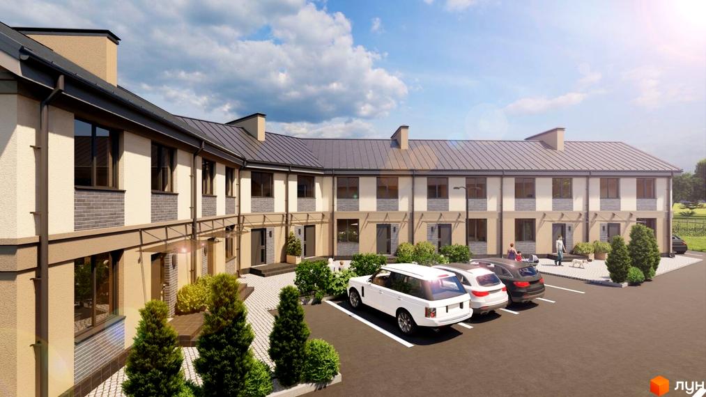 Таунхауси Vorzel Eco Park - це двоповерхові будинки з сірими дахами та світлими фасадами, розташовані біля паркування з автомобілями та зеленими насадженнями.