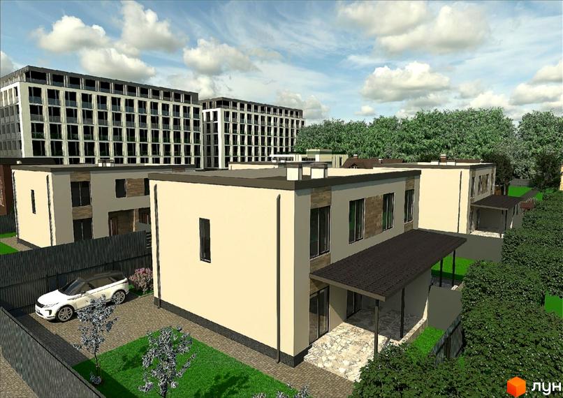 Котеджне містечко AvenirHouse: двоповерхові будинки з терасами та паркуванням, поруч зелені насадження та багатоповерхові будинки.