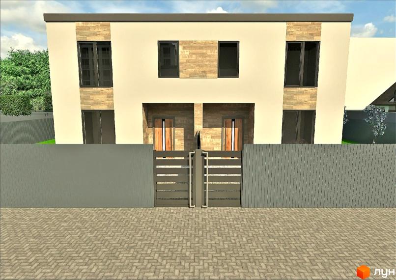 Фасад двоповерхових будинків Котеджного містечка AvenirHouse з бежевими стінами, темними вікнами та кам'яними акцентами. Перед будинками сірий паркан з воротами та бруківка.