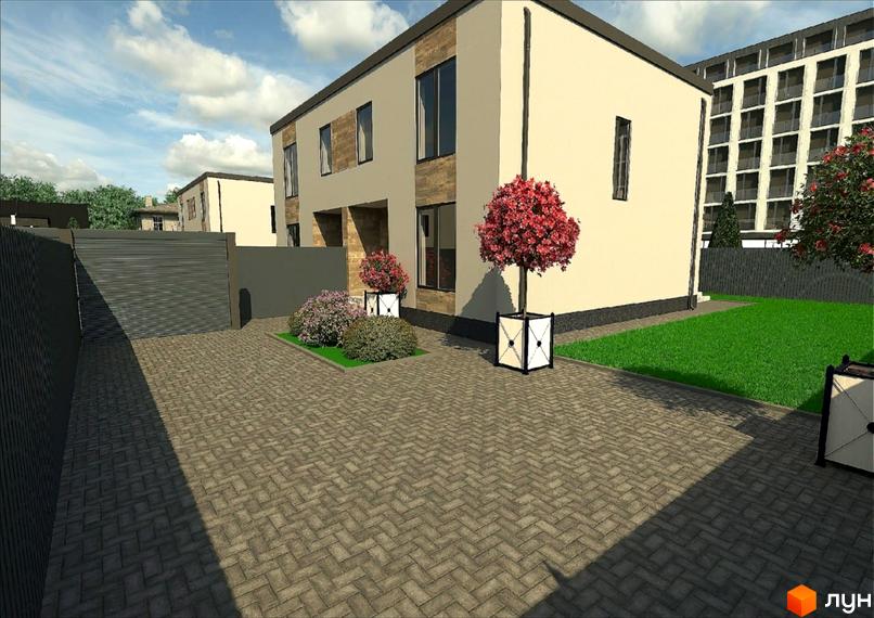 Зображення фасаду будинку в Містечко котеджів AvenirHouse з бруківкою на подвір'ї та зеленими насадженнями.