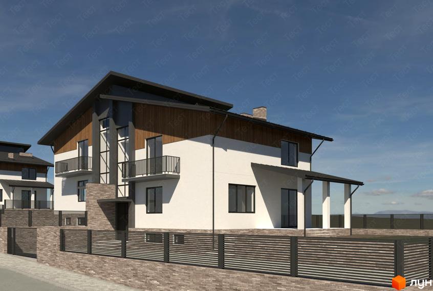 Двоповерховий будинок з білими стінами та коричневим дахом. Перед будинком розташована огорожа з цегляним фундаментом.