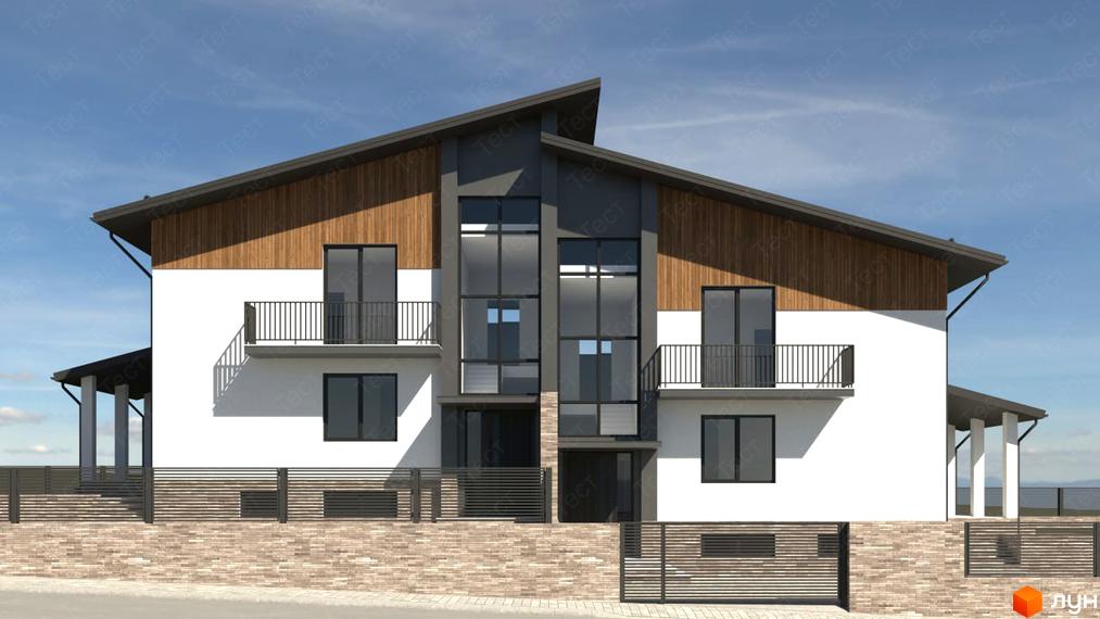 Фасад будинку житлового комплексу КМ Маєток з білими стінами, дерев'яним оздобленням та великими вікнами. Перед будинком розташований цегляний цоколь та металевий паркан.