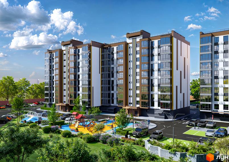 Зовнішній вигляд житлового комплексу Зоря 2 з багатоповерховими будинками та прибудинковою територією з дитячим майданчиком та парковкою.
