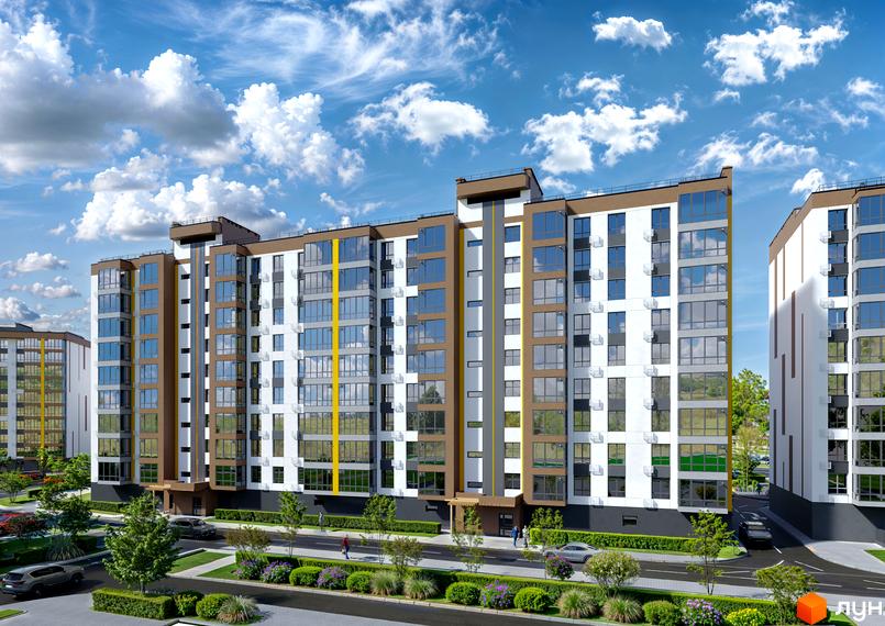 Житловий комплекс Зоря 2 - це сучасна новобудова з біло-коричневим фасадом та великою кількістю скління. Територія навколо будинку озеленена та облаштована місцями для відпочинку.