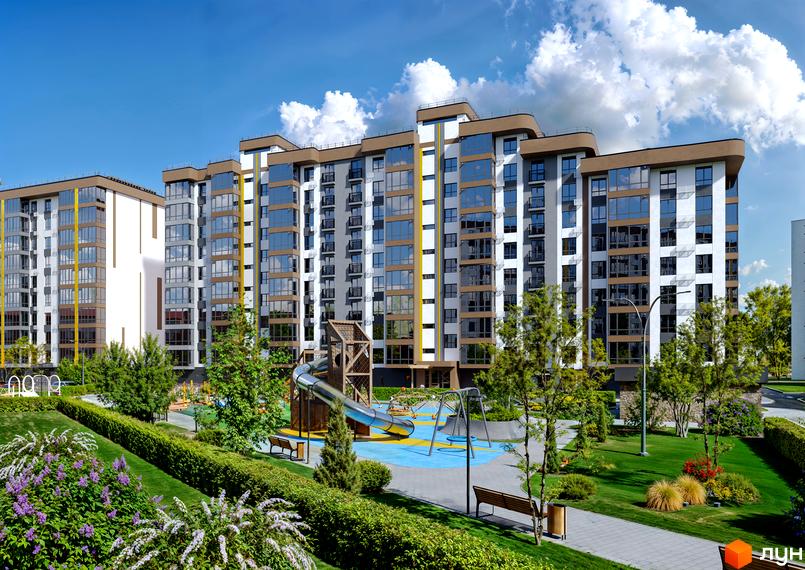 Житловий комплекс Зоря 2 з багатоповерховими будинками та дитячим майданчиком з гіркою та гойдалками. Територія комплексу озеленена.