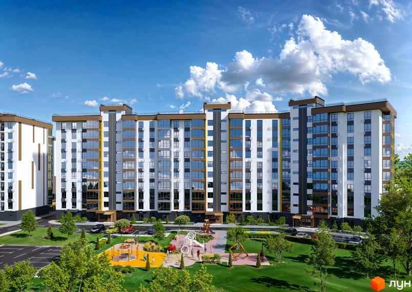 Зовнішній вигляд житлового комплексу Зоря 2 з фасадом з білої та сірої плитки, великими вікнами та коричневими елементами. Прибудинкова територія включає зелену зону, дитячий майданчик та парковку.