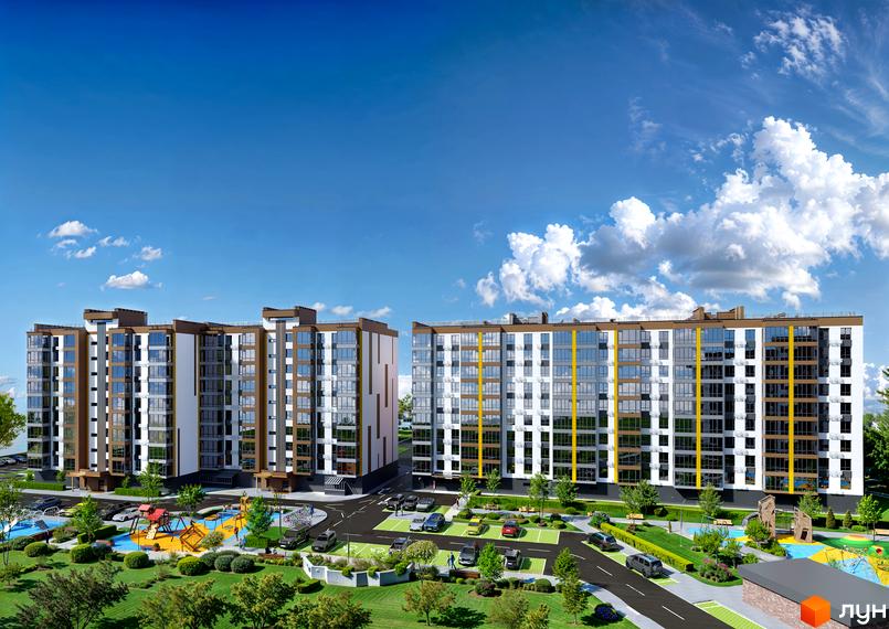 Житловий комплекс Зоря 2 - це сучасна новобудова з великою кількістю вікон та балконів, розташована на фоні блакитного неба з хмарами. На прибудинковій території розміщені дитячі майданчики та зелені зони.