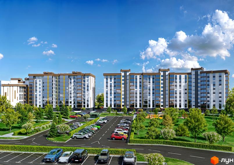 Житловий комплекс Зоря 2 з білими фасадами, коричневими дахами та скляними балконами. Навколо комплексу розташовані зелені насадження та паркінг з автомобілями.