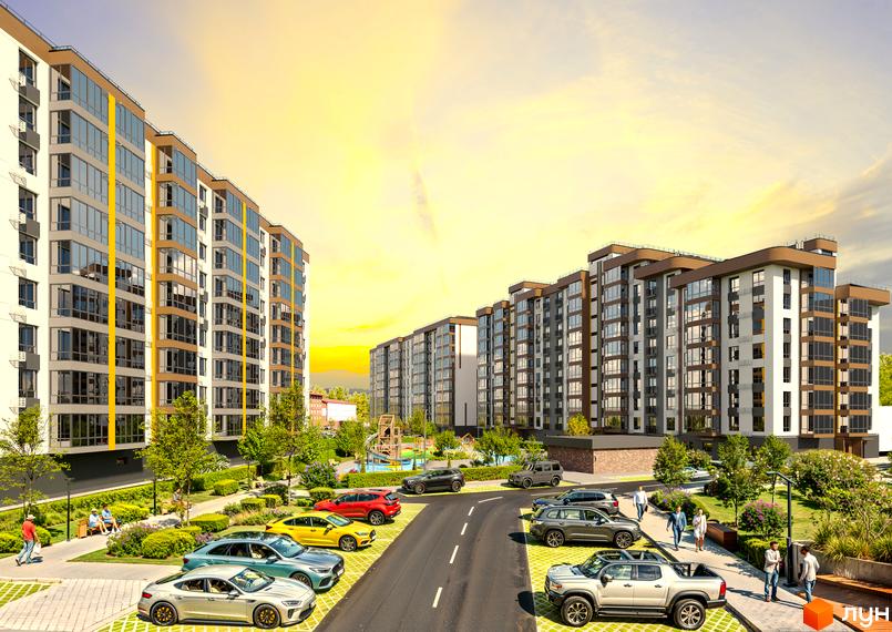 Новобудова Зоря 2 з багатою прибудинковою територією, парковкою та зеленими зонами. Сучасний житловий комплекс з архітектурою європейського рівня.