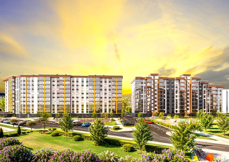 Житловий комплекс Зоря 2 з фасадами білого та сірого кольорів, з великою кількістю скління та балконів. Прибудинкова територія з зеленими зонами та парковкою.