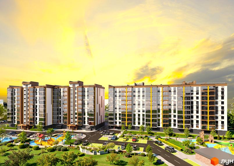 Зовнішній вигляд житлового комплексу Зоря 2 з фасадами білого та коричневого кольору, з великою кількістю вікон та балконів. На прибудинковій території розташовані дитячі майданчики та паркувальні місця.