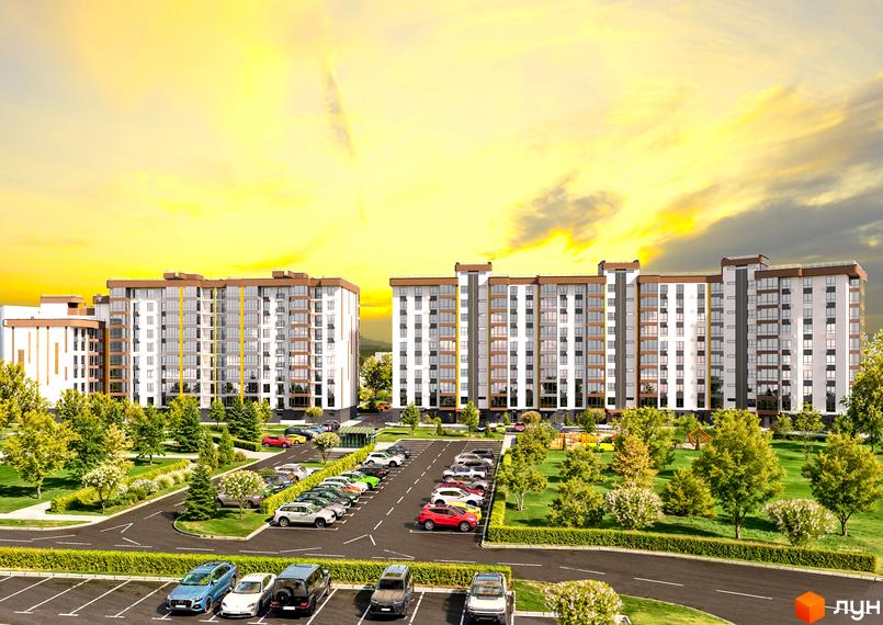 Житловий комплекс Зоря 2. Сучасні багатоповерхові будинки з панорамними вікнами та упорядкованою прибудинковою територією з парковкою та зеленими зонами.