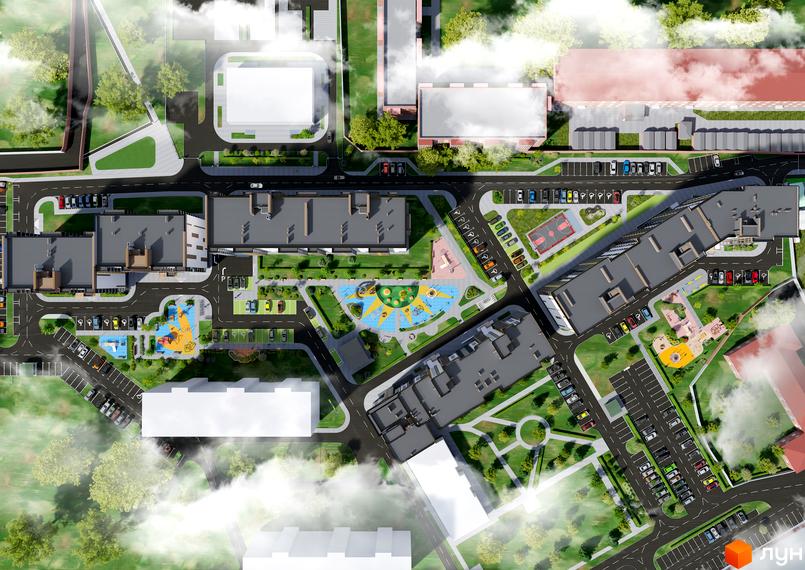 Вид зверху на житловий комплекс Зоря 2 з дитячими майданчиками та парковками. Огляд території новобудови з висоти пташиного польоту.