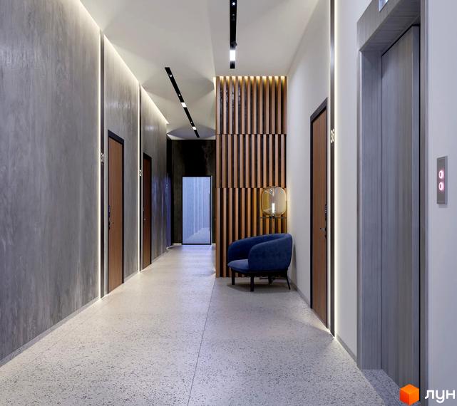 Внутрішній коридор Апарт-комплексу Kristal Plaza з світлою підлогою, оздобленням стін під бетон та дерев'яними елементами, що веде до квартир та ліфта.