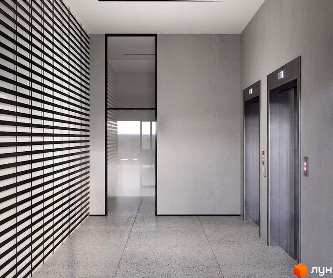 Інтер'єр холу апарт-комплексу Kristal Plaza з ліфтами та стіною з горизонтальними ламелями. Світлий простір з бетонною підлогою та скляними перегородками.