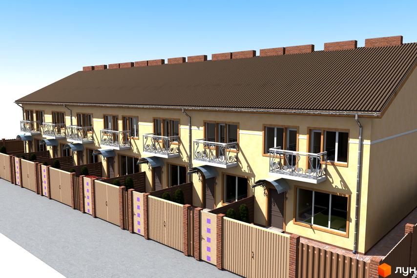 Житловий комплекс на вул. Козацька, 1: ряд двоповерхових будинків світло-жовтого кольору з коричневим дахом та балконами. Прибудинкова територія має дерев'яні огорожі.