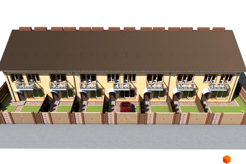 Ряд таунхаусів з жовтими фасадами, коричневими дахами та балконами. Прибудинкова територія має зелені газони, паркани та проїзд на вул. Козацька, 1.