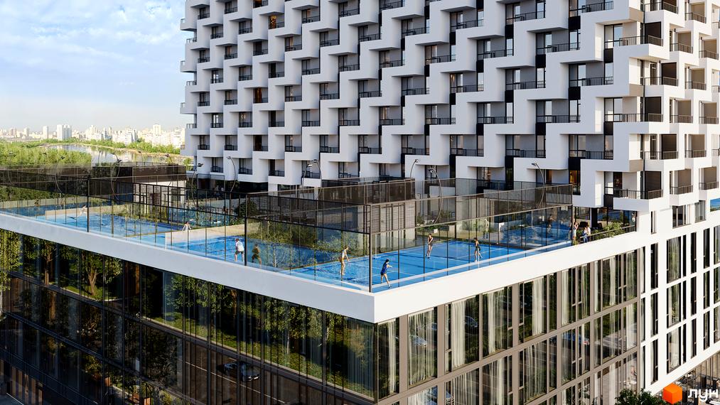 Зображення Житлового комплексу BOSTON Creative House з тенісним кортом на даху. Вигляд багатоповерхового будинку ззовні.