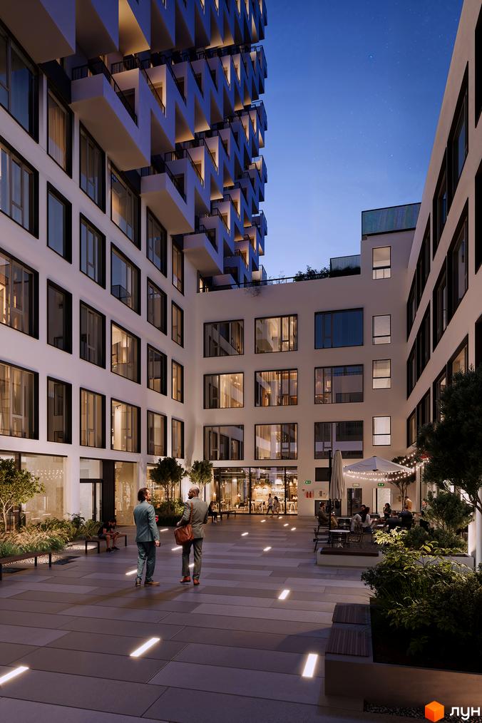 Фасад житлового комплексу BOSTON Creative House з численними вікнами та балконами. Внутрішній двір з освітленням, зеленими насадженнями та зонами відпочинку.