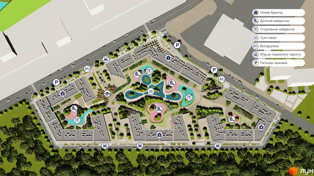 План забудови Житлового комплексу Dnipro Island з будинками, дитячим та спортивним майданчиками, велодоріжками, гостьовою парковкою та озером.