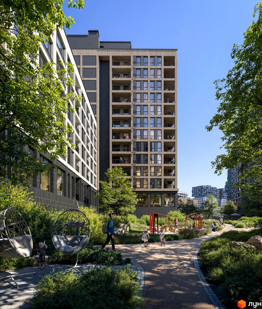 Житловий комплекс Dnipro Island: високі будинки з різними фасадами та облаштована прибудинкова територія з зеленими зонами та дитячим майданчиком.