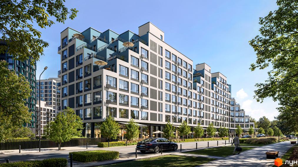 Житловий комплекс Dnipro Island з каскадними терасами, світлим та темним фасадом, оточений доглянутими зеленими зонами та пішохідними доріжками.