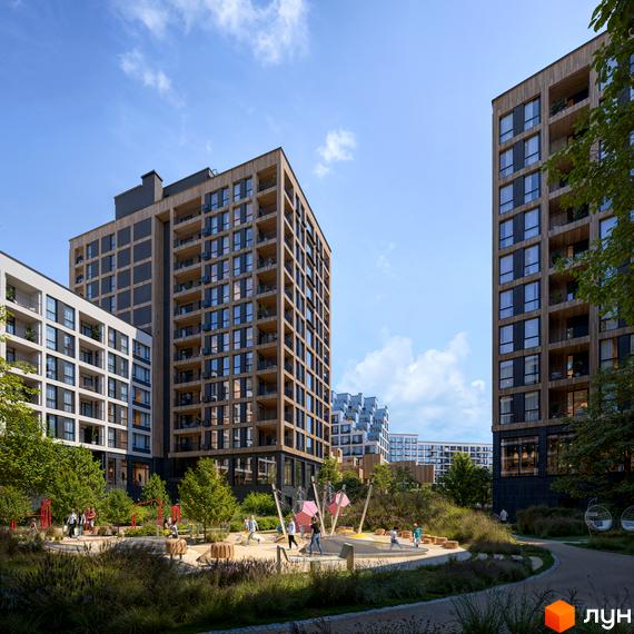 Зображення Житлового комплексу Dnipro Island з висотними будинками та дитячим майданчиком у дворі. Вигляд з прибудинкової території.