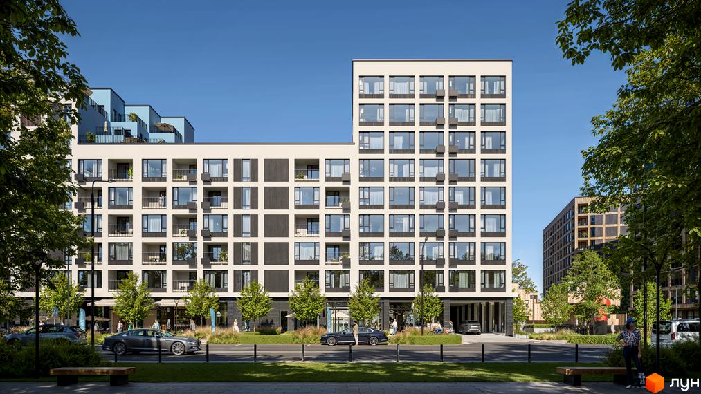 Новобудова Dnipro Island зі світлим фасадом, темними акцентами та великими вікнами. Перед будинком є зелені насадження, дерева та дорога.