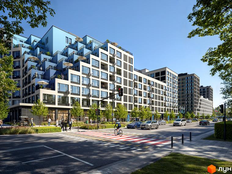 Житловий комплекс Dnipro Island з терасованими фасадами синього та світлого кольорів. Поруч дорога з пішохідним переходом, автомобілями та зеленою зоною.