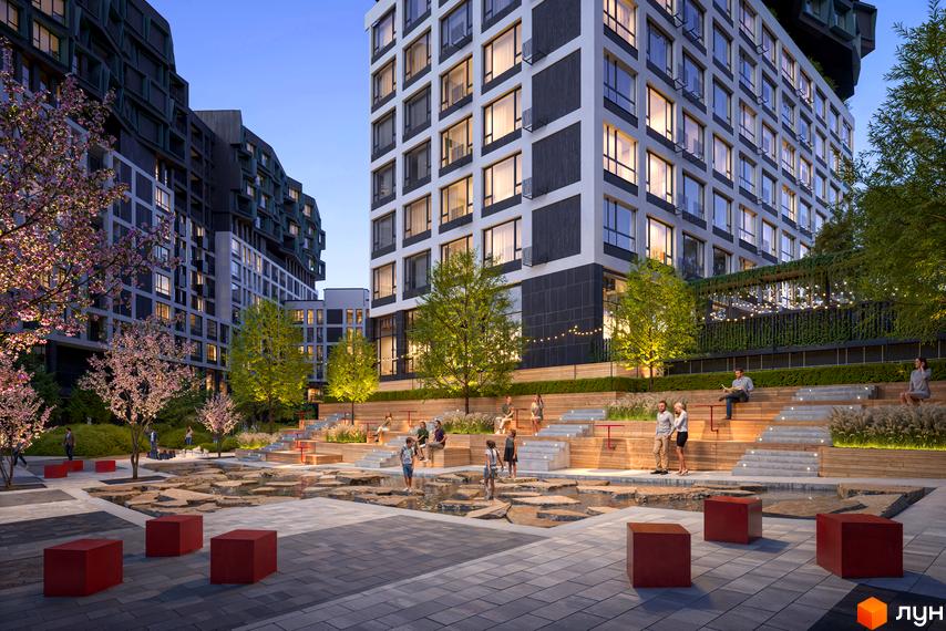 Житловий комплекс Dnipro Island з багатоповерховими будинками світлого та темного кольору. Прибудинкова територія має багаторівневі зони відпочинку, зелені насадження та водний елемент.