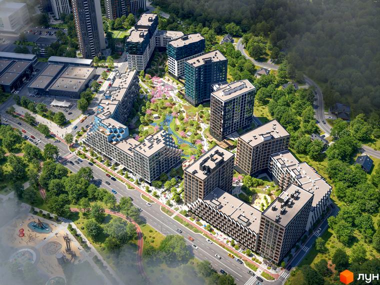 Зображення Житлового району Dnipro Island з висоти пташиного польоту. На фото видно багатоповерхові будинки та зелену територію навколо.