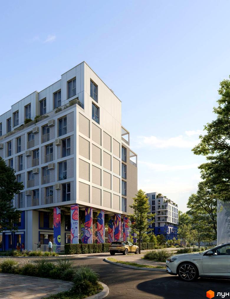 Житловий комплекс Newton – це сучасна архітектура з яскравим фасадом та просторою прибудинковою територією. Навколо комплексу зелені насадження та зручні дороги.