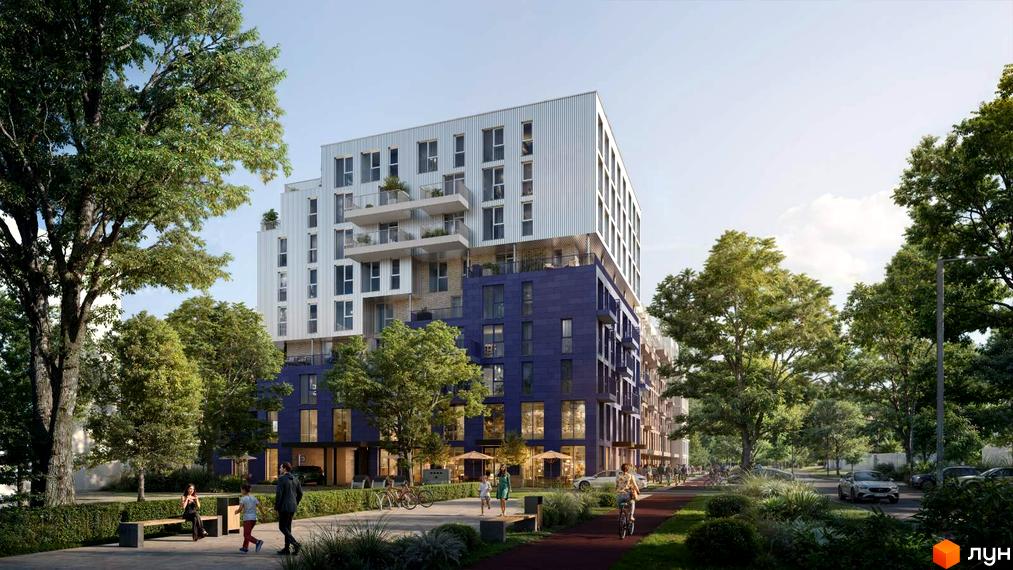 Житловий комплекс Newton з фасадом з білого металу та синьої цегли, з балконами та зеленими деревами навколо. На прибудинковій території є доріжки, лавки та люди.