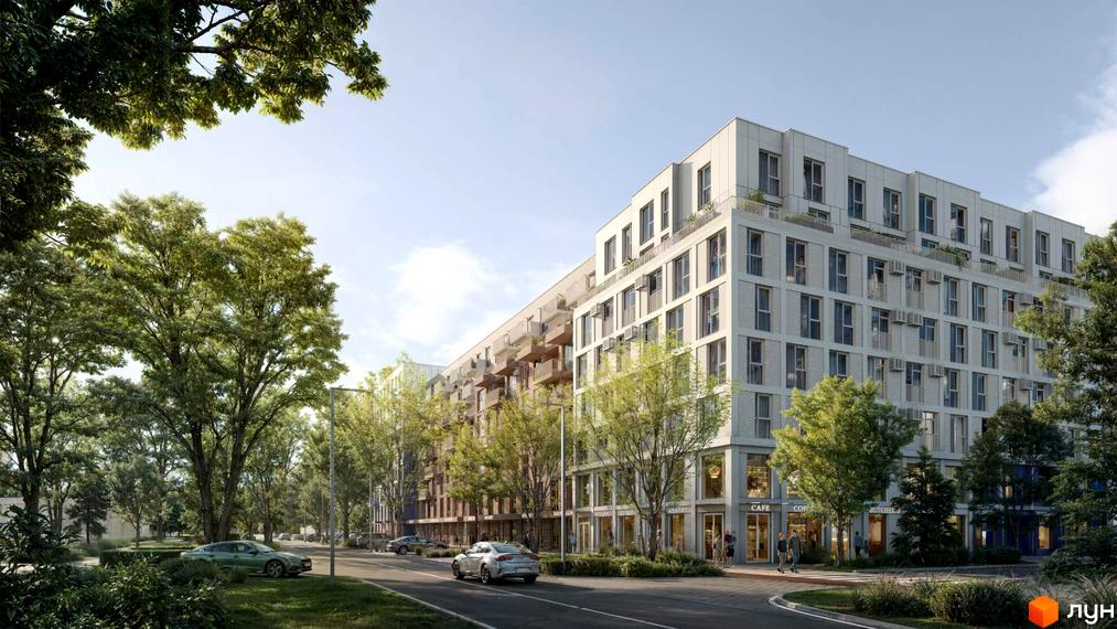 Зображення сторінки Житловий комплекс Newton. Багатоповерховий будинок з великими вікнами та балконами, навколо зелені дерева та доглянута прибудинкова територія.