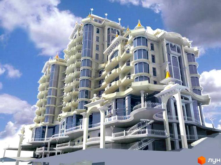 Житловий комплекс Замок цветов з сучасною архітектурою та просторими балконами, оточений зеленими насадженнями.