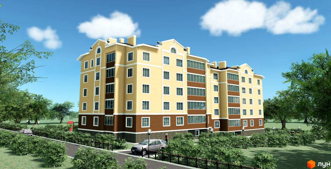 Багатоповерховий житловий будинок бежевого та коричневого кольорів. Прибудинкова територія з зеленими насадженнями, доріжкою та дитячим майданчиком.