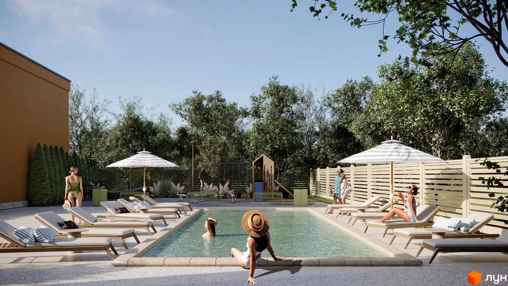 Бічна стіна будівлі житлового комплексу Cuvee Village та прибудинкова зона з басейном. На території є шезлонги, парасольки та дитячий майданчик.