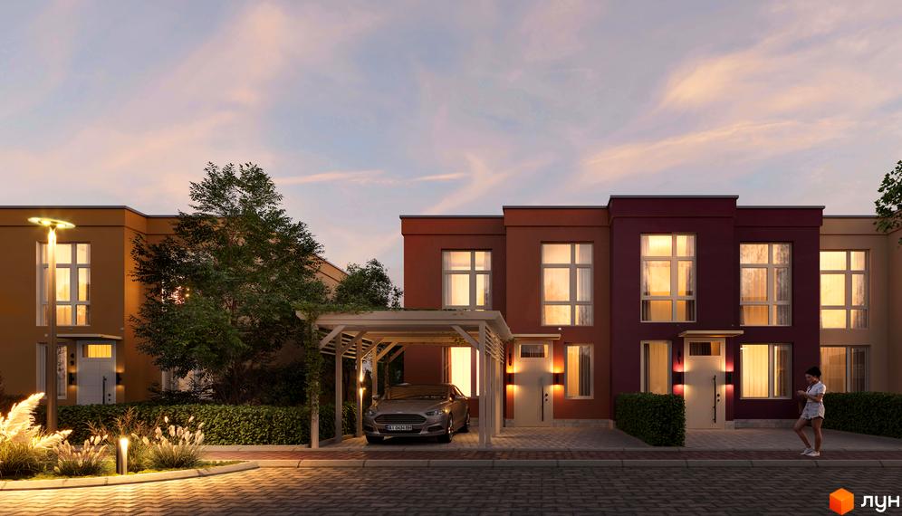 Ряд будинків Житловий парк Cuvee Village з різнокольоровими фасадами, великими вікнами та вхідними дверима, доповнений освітленою прибудинковою територією.