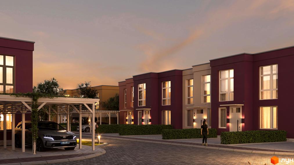 Зображення житлового комплексу Cuvee Village: ряд будинків з бордовими фасадами, великими вікнами та доглянутою прибудинковою територією з зеленими насадженнями та місцями для паркування.