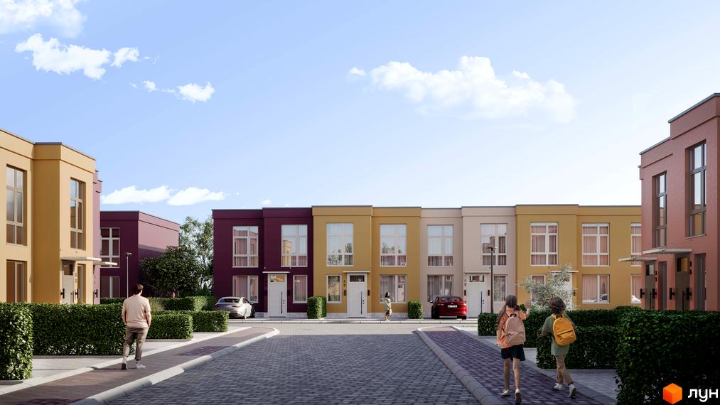 Ряд різнокольорових будинків з великими вікнами та білими дверима. Перед будинками викладена бруківкою дорога, вздовж якої ростуть кущі.