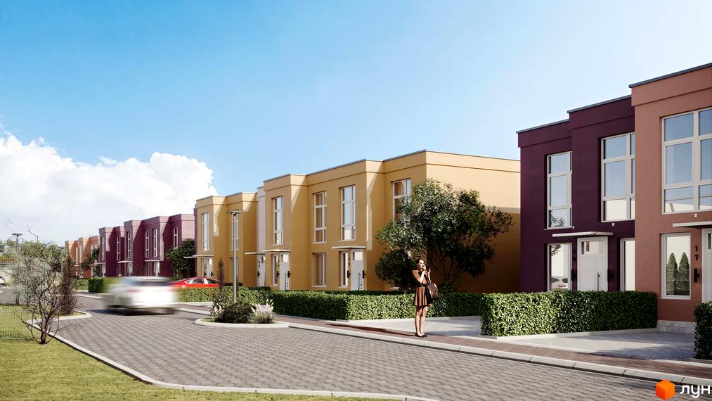 Ряд двоповерхових будинків з фасадами жовтого та бордового кольорів. Дорога з бруківки, зелені насадження та дерева на території Житлового парку Cuvee Village.