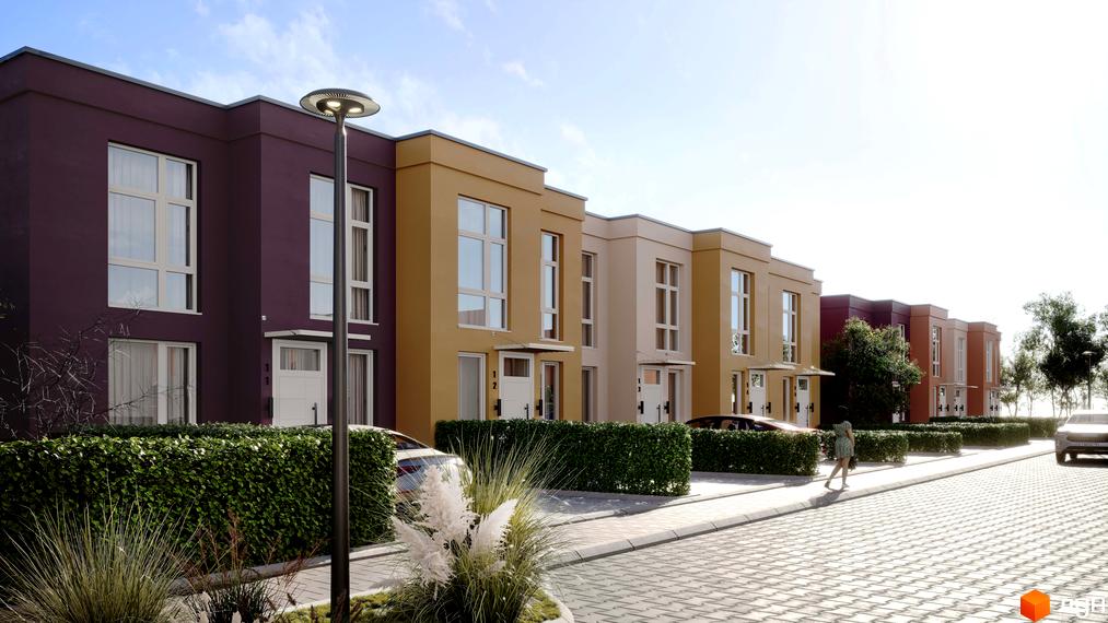 Зображення житлового комплексу Cuvee Village. Ряд будинків з великими вікнами та світлими фасадами. Перед будинками зелені кущі та бруківка.