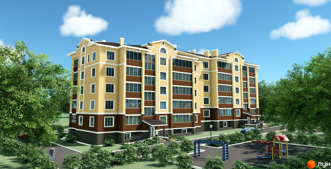 Житловий комплекс на вул. Новооскольська, 8б: багатоповерховий будинок бежево-коричневих відтінків з прибудинковою територією, дитячим майданчиком та зеленими насадженнями.