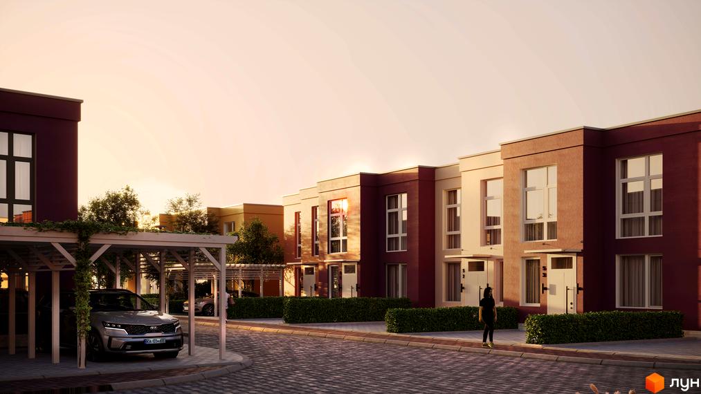 Зображення житлового комплексу Cuvee Village. Будинки з великими вікнами та терасами, акуратні газони, доріжки з бруківки та місця для паркування.