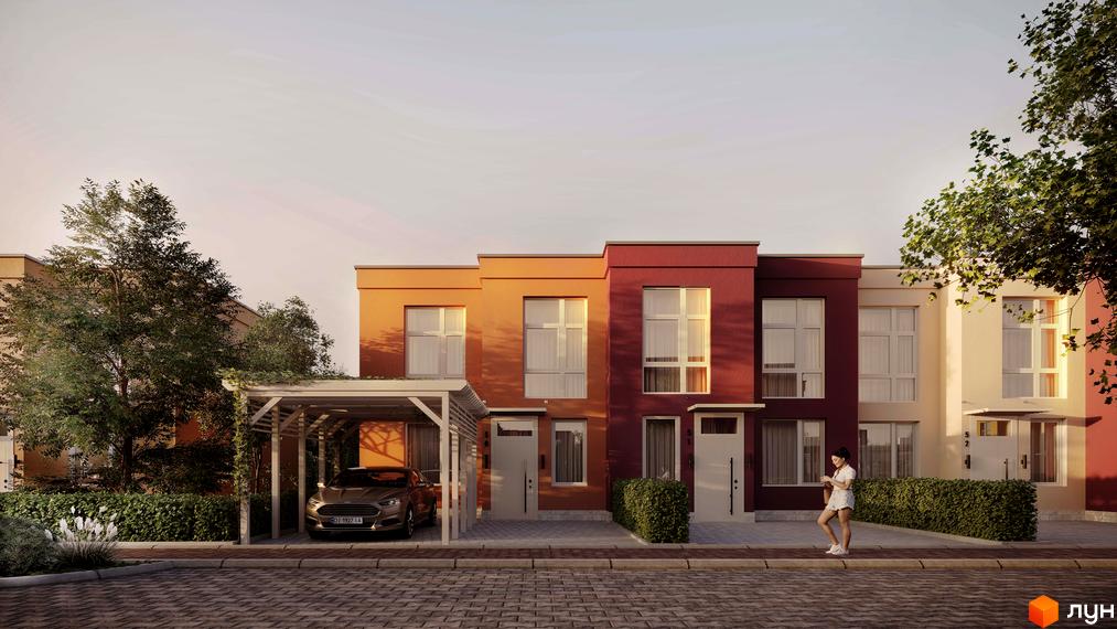 Зображення житлового комплексу Cuvee Village. Будинки з плоскими дахами, великими вікнами та вхідними дверима. Перед будинками тротуар та зелені насадження.