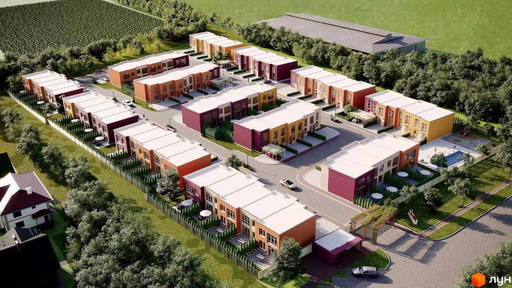 Житловий парк Cuvee Village: ряд будинків з білими дахами та терасами, доглянута прибудинкова територія з зеленими насадженнями, парковкою та басейном.