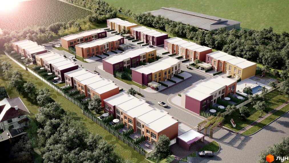 Зображення житлового парку Cuvee Village: будинки з плоскими дахами, терасами та зеленими насадженнями. На території є басейн, дитячий майданчик та парковка.