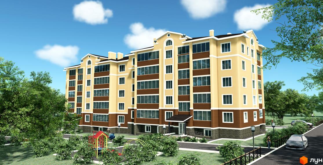 Багатоповерховий житловий будинок на вул. Новооскольська, 8б з жовто-коричневим фасадом. Прибудинкова територія з деревами, дитячим майданчиком та доріжками.